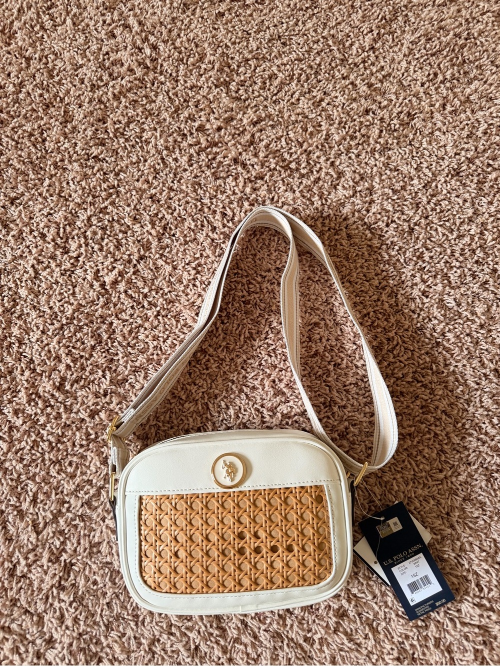 U.S. Polo Assn. Cream and Tan Woven Crossbody Camera Bag